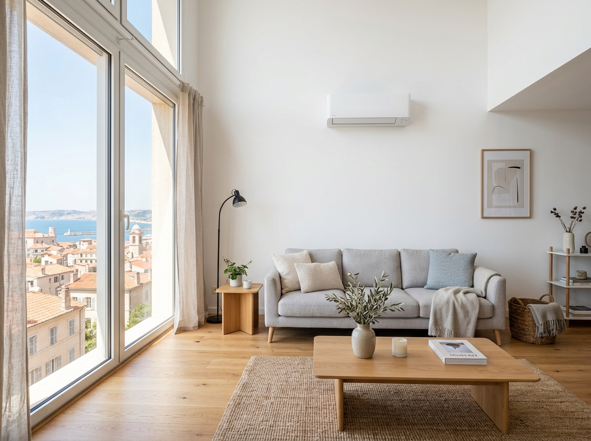 Salon climatisé à Marseille avec split mural réversible Daikin