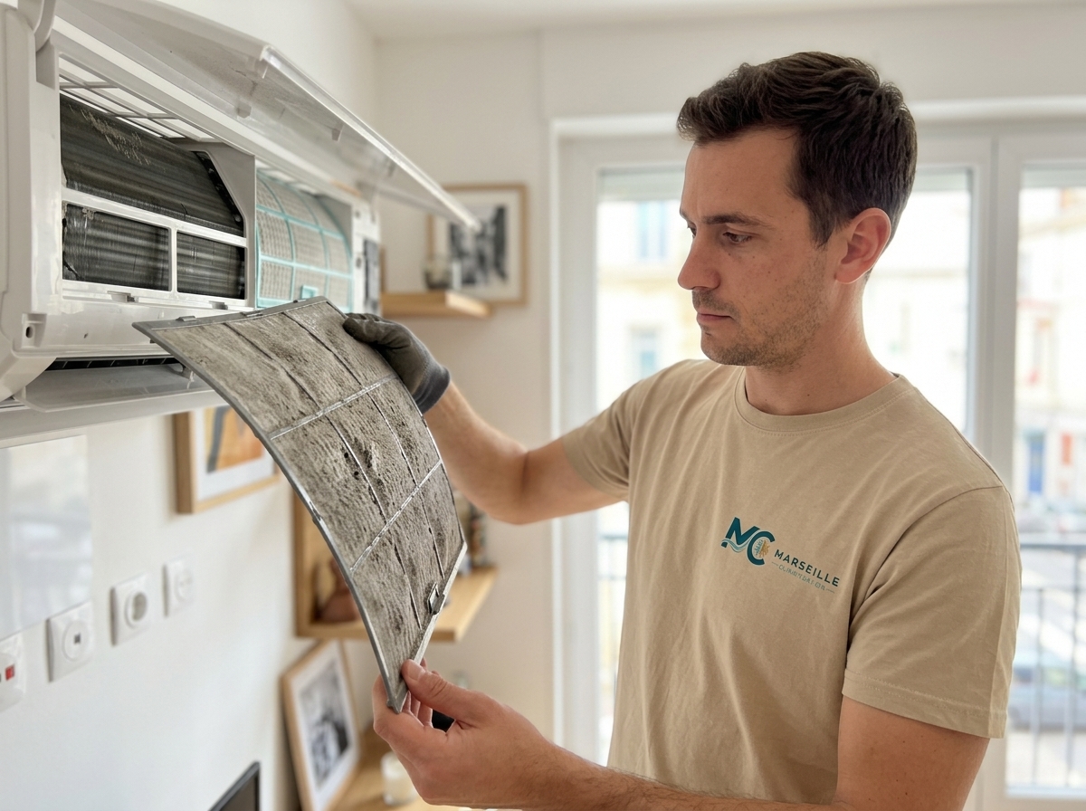 Technicien nettoyant le filtre d'une climatisation à Marseille